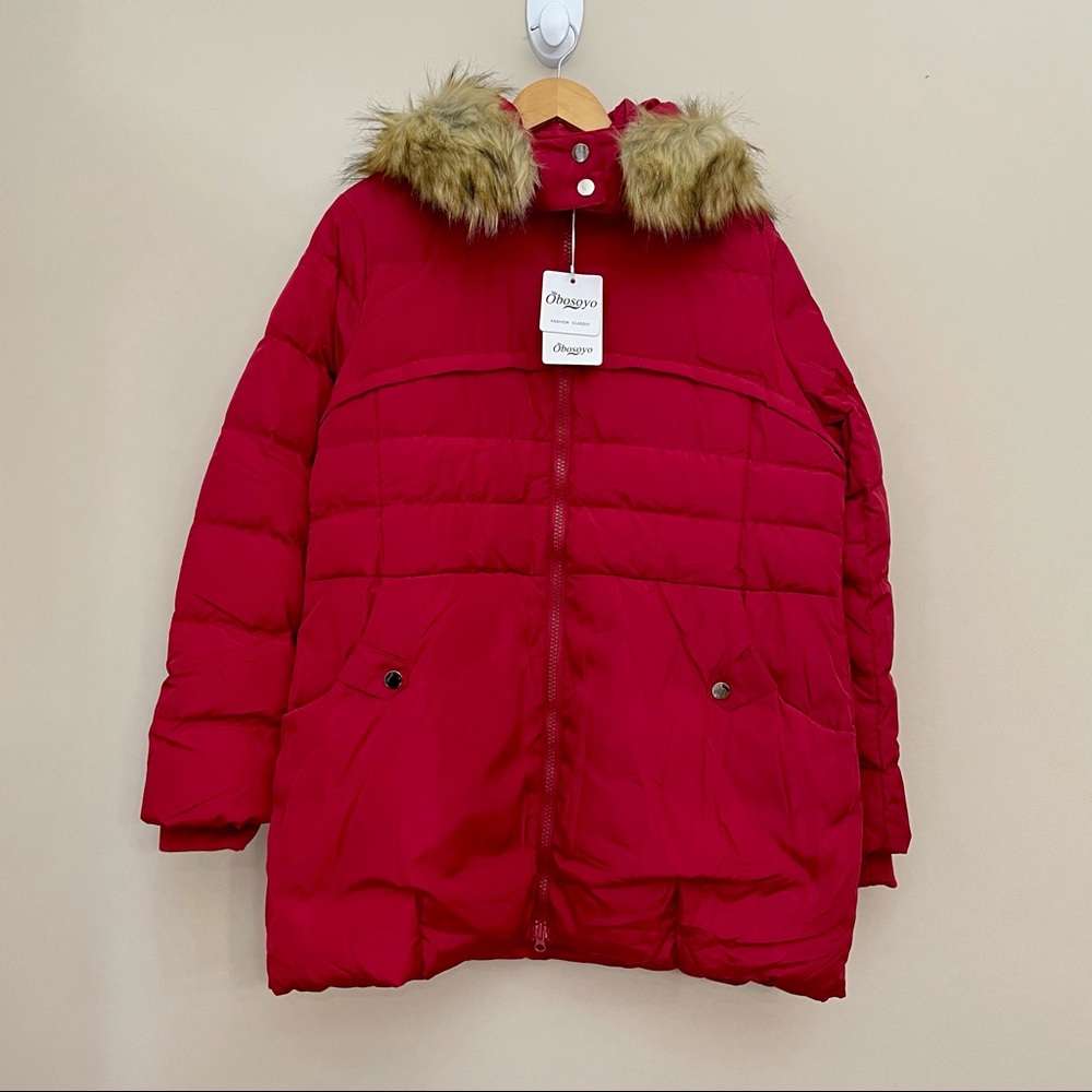 NWT OBOSOYO Red Winter Long Down Padded Puffer Coat Jacket Size XL